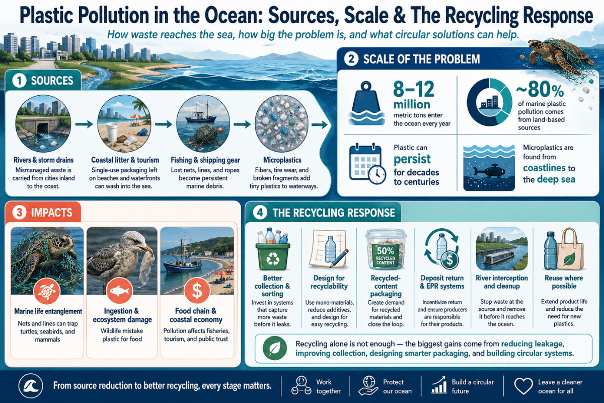 Poluição plástica no oceano: fontes, escala e resposta à reciclagem