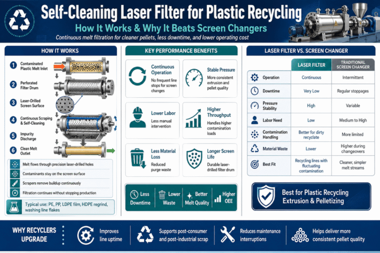 Filtro láser autolimpiante para reciclaje de plástico: cómo funciona y por qué supera a los cambiadores de pantalla