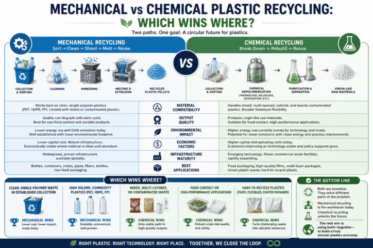 Reciclaje de plástico mecánico versus químico: ¿cuál gana y dónde?