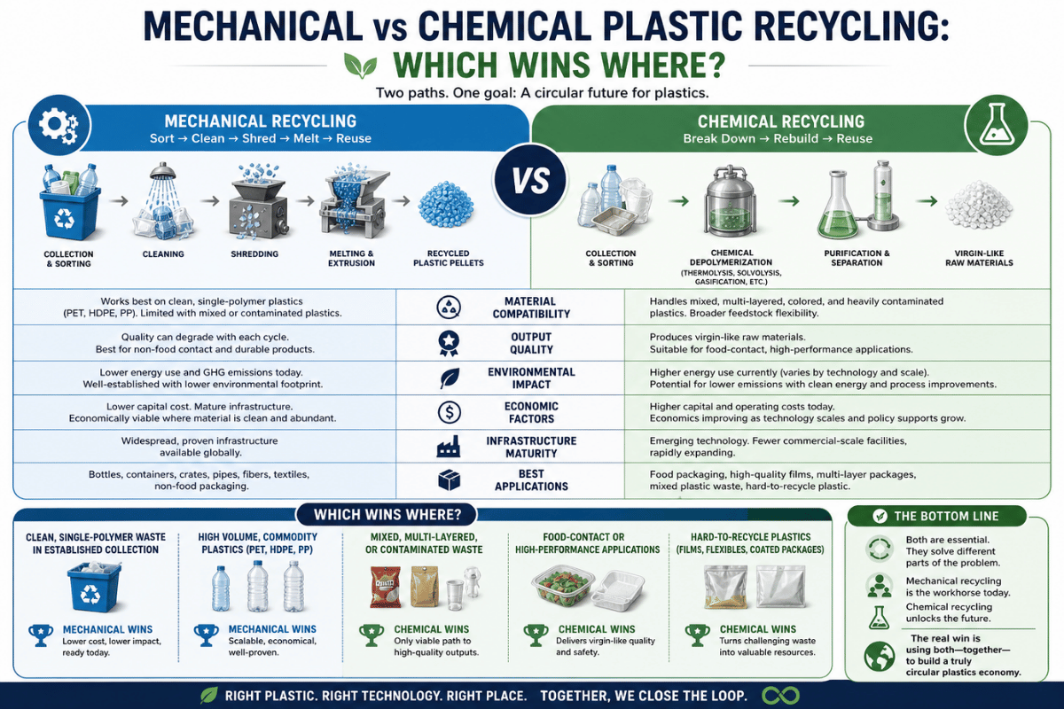 Reciclagem de plástico mecânico versus químico: qual ganha onde?