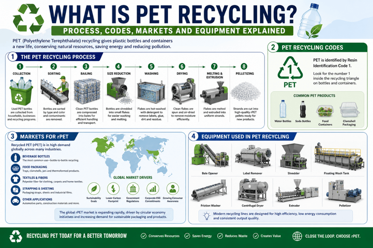 O que é reciclagem de PET? Processo, códigos, mercados e equipamentos explicados