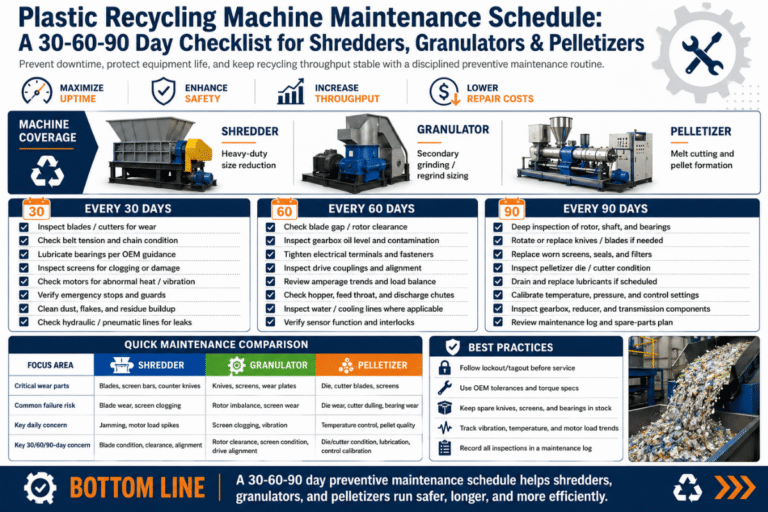 Programação de manutenção de máquinas de reciclagem de plástico Uma lista de verificação de 30-60-90 dias para trituradores, granuladores e peletizadores