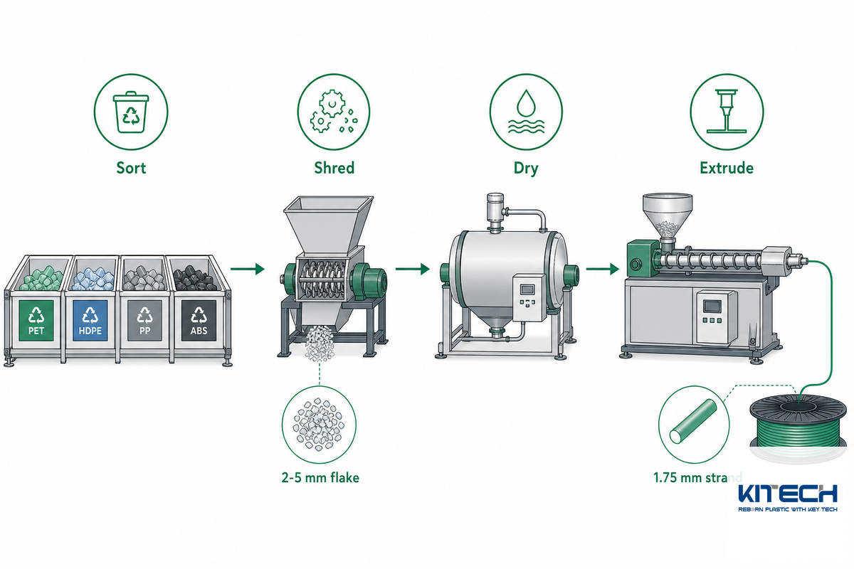 The Home Filament Recycling Workflow: Sort → Shred → Dry → Extrude — Kitech