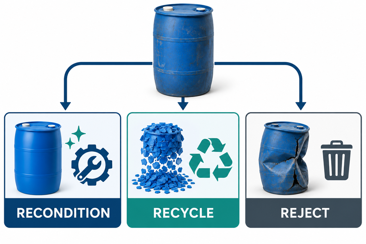 Used HDPE drums are routed to reconditioning, material recycling, or controlled rejection.