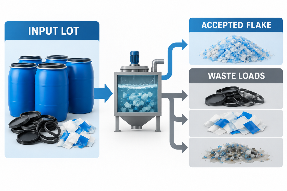 A trial-batch mass balance tracks incoming drums, accepted HDPE flakes and separated waste loads.