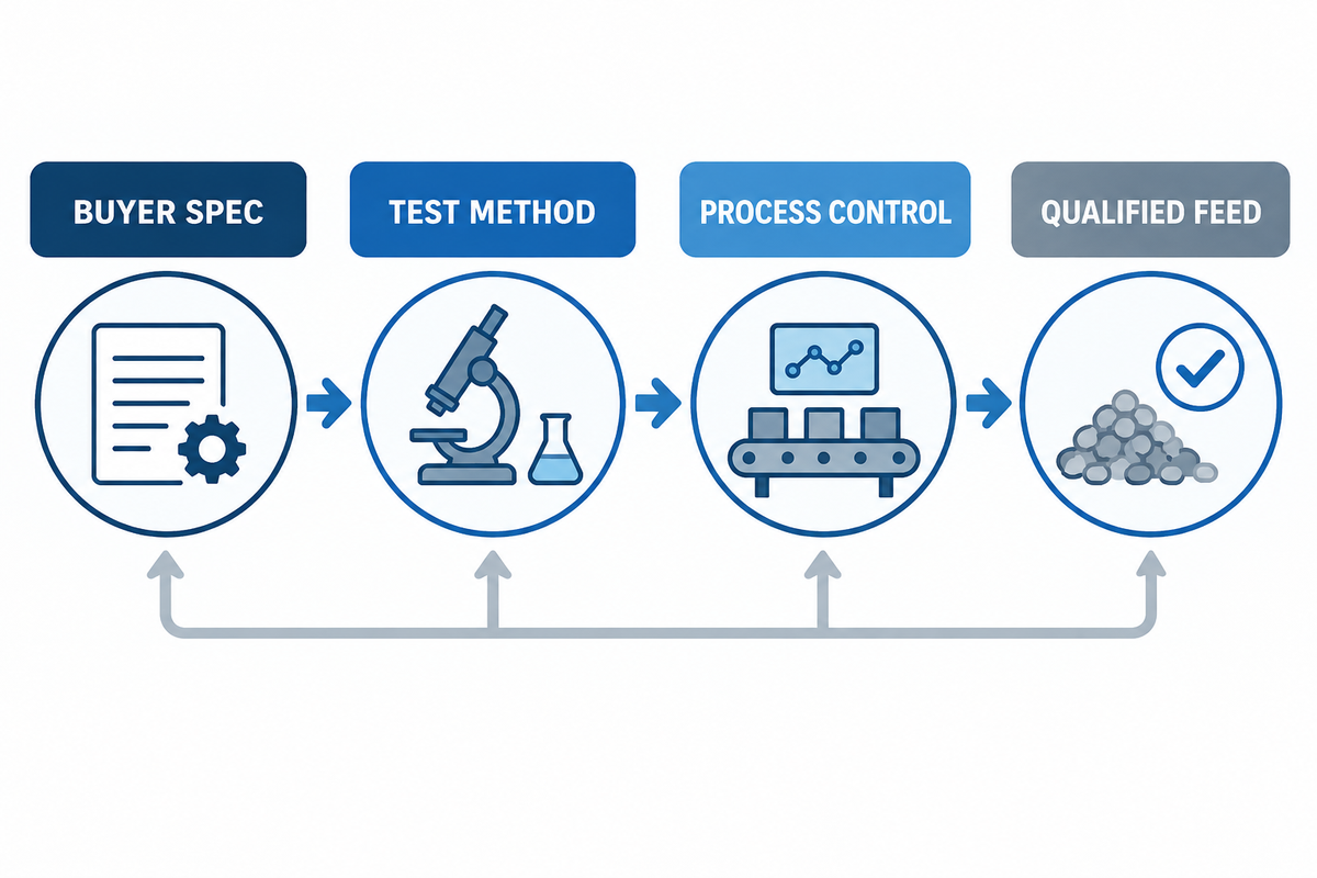 Output-first HDPE recycling decision map from buyer specification to qualified feedstock.