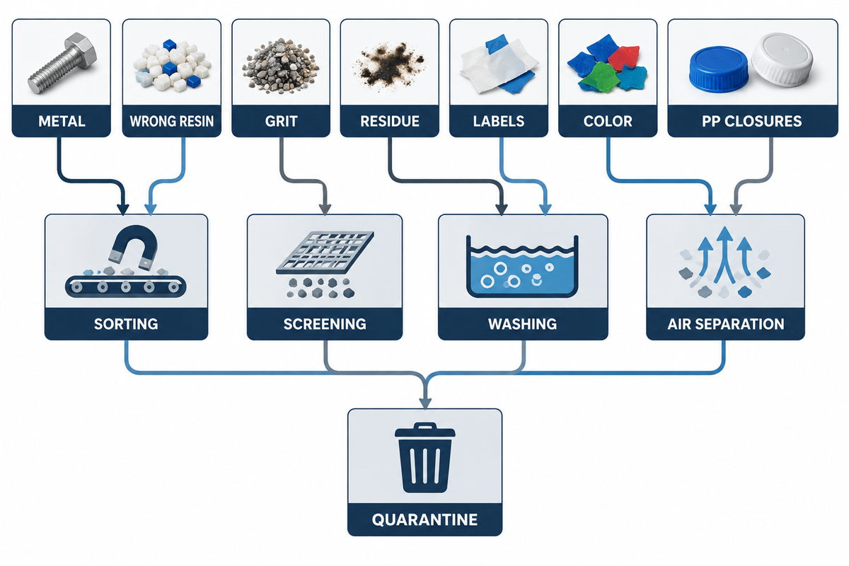 Contaminant-to-treatment map for rigid HDPE bottle and drum recycling.