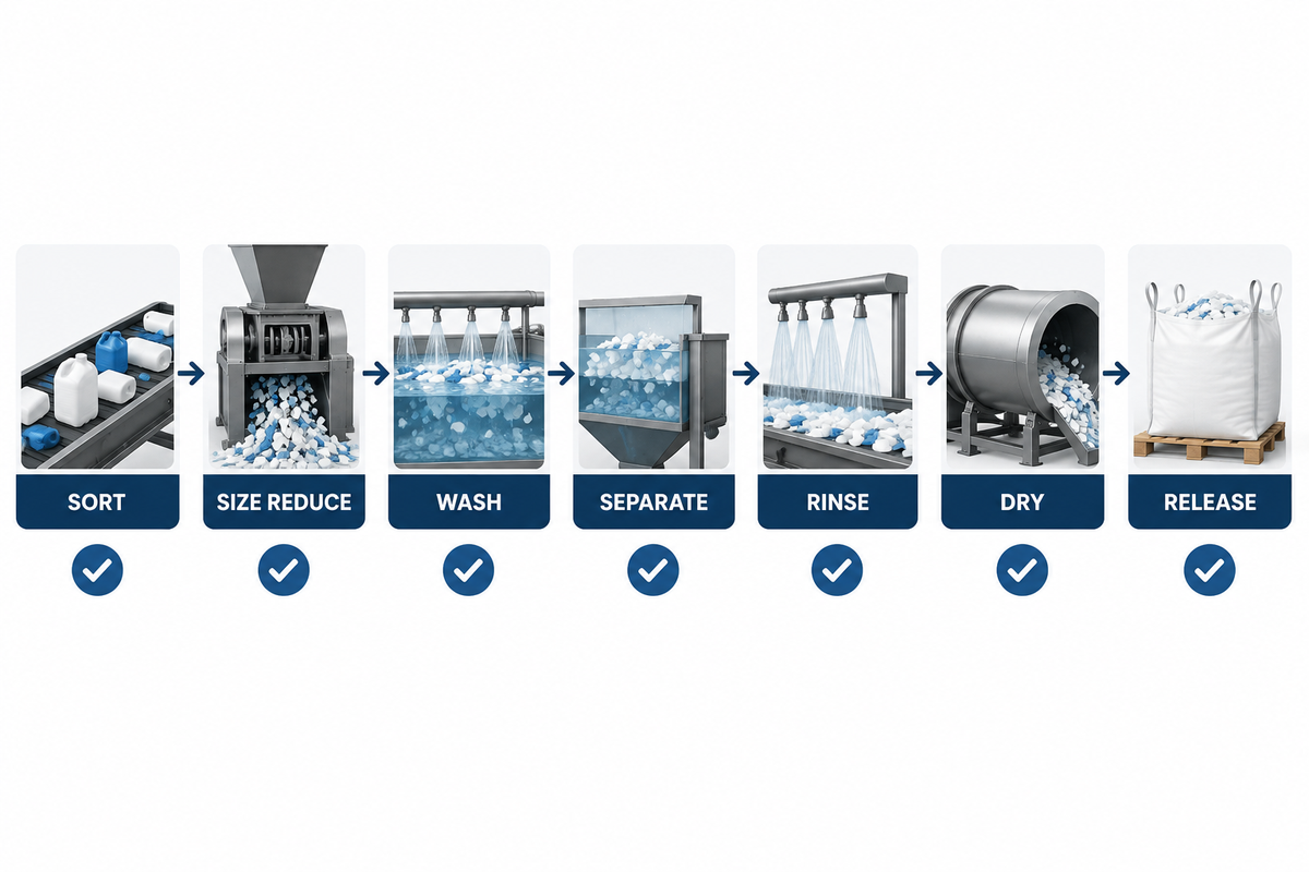 Seven controlled HDPE recycling stages from sorting through final lot release.