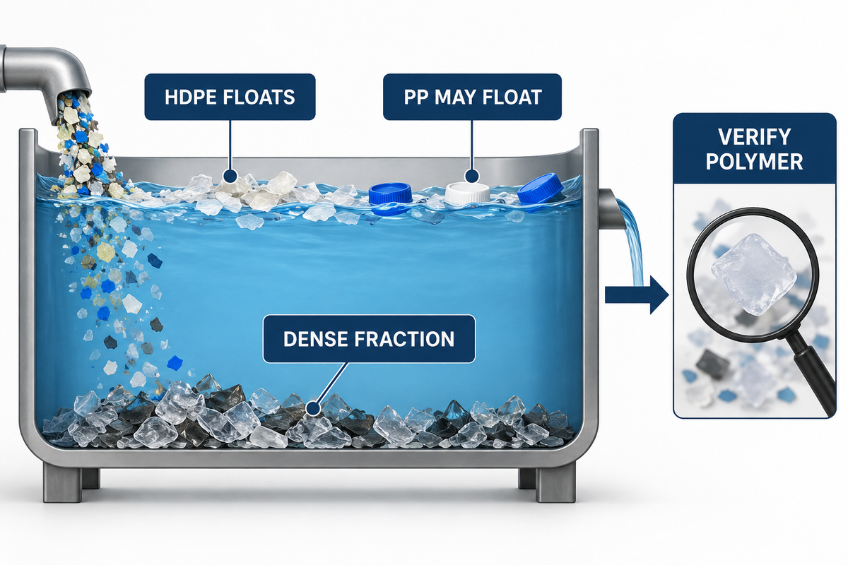 Float-sink limitation showing HDPE and PP together in the floating fraction.