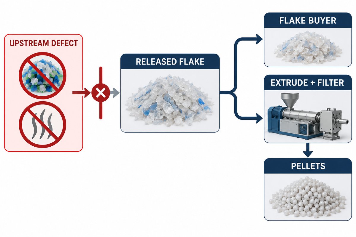 HDPE output-route selector for selling washed flake or producing recycled pellets.