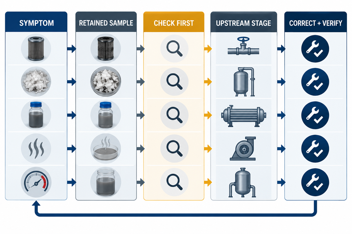 HDPE recycling symptom-to-root-cause troubleshooting path.