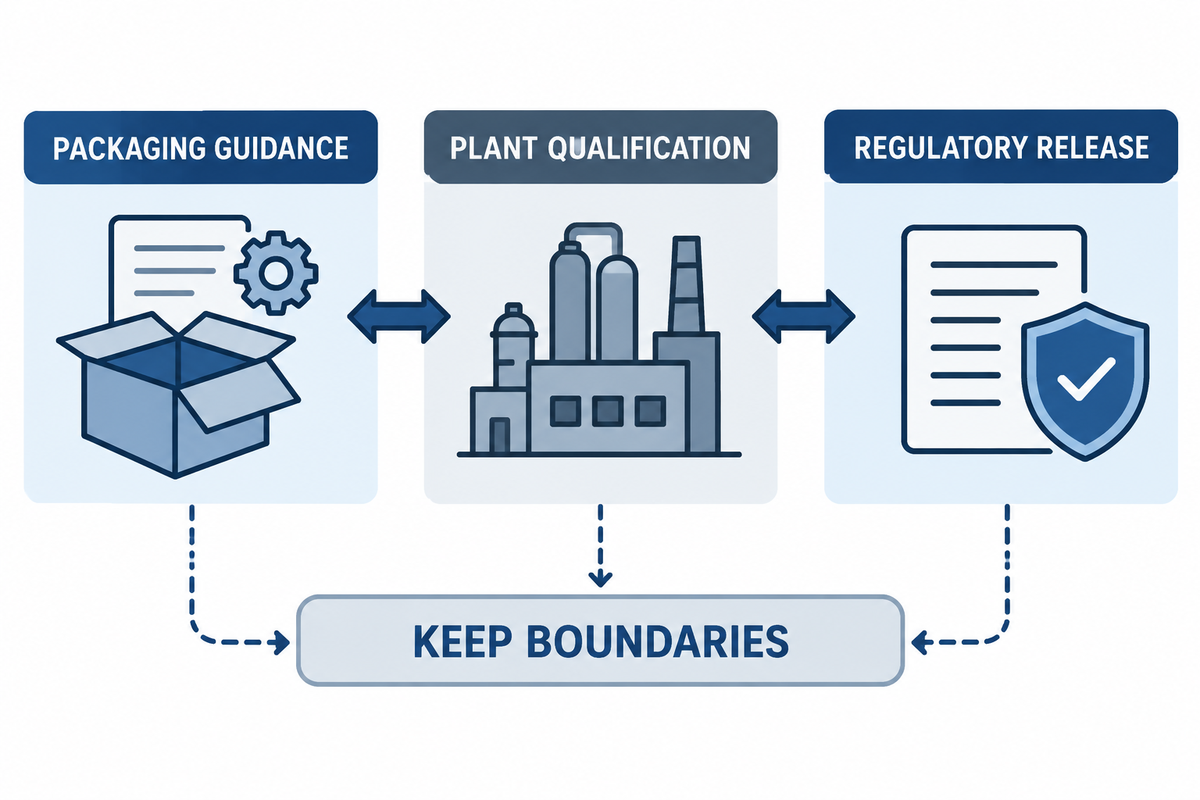 Boundary between packaging recyclability guidance, plant qualification, and application regulatory release.