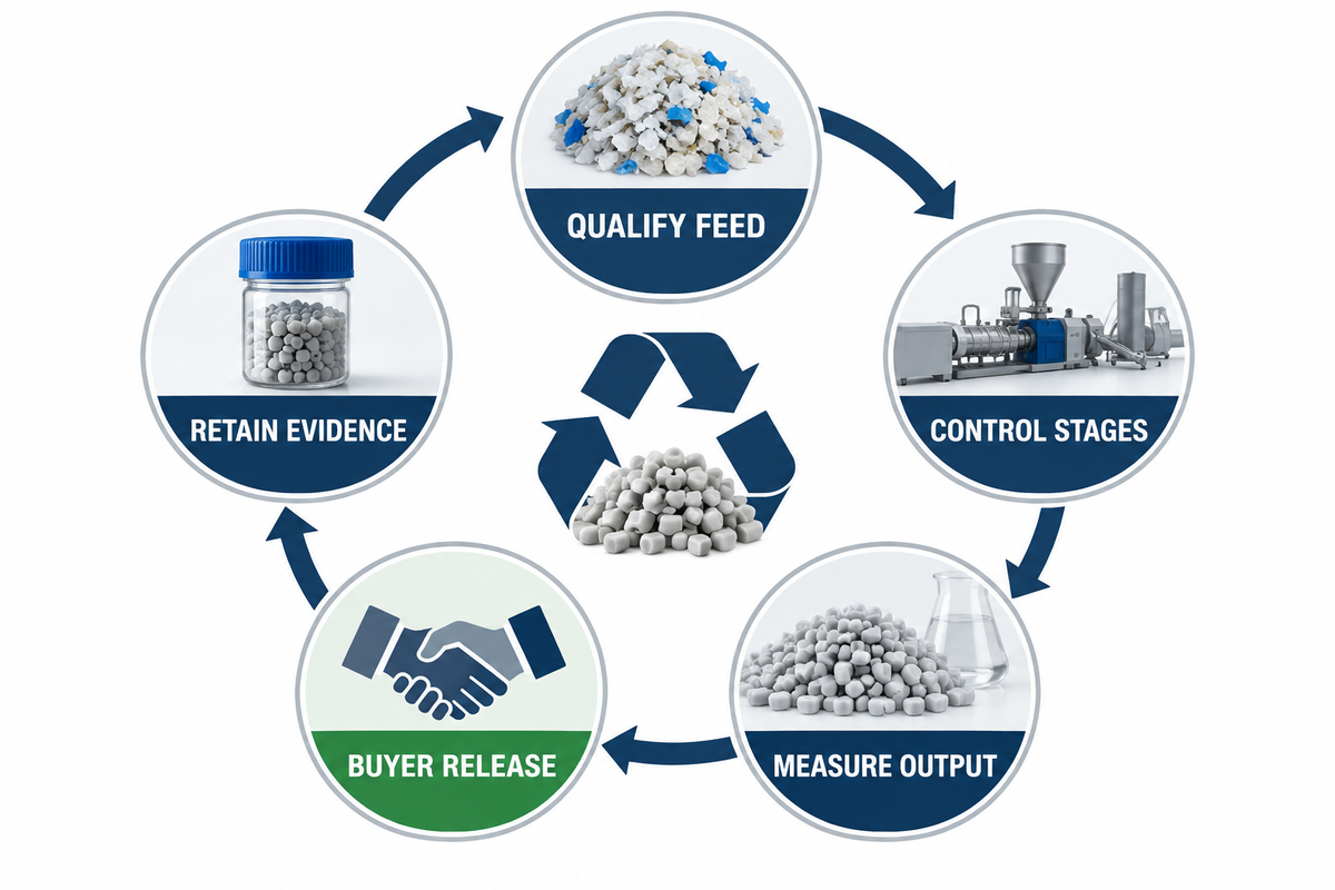 Evidence-first HDPE recycling loop from qualified feed to buyer release.