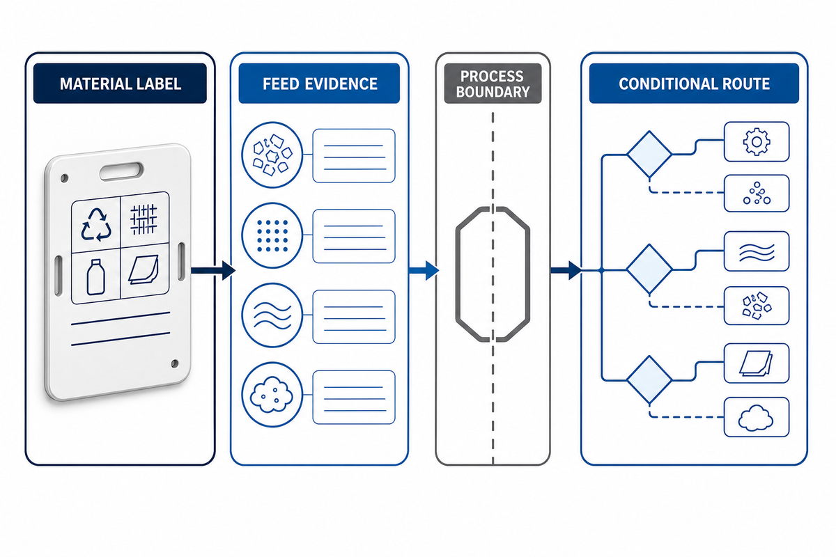 A material label is converted into feed evidence, process boundaries, and a conditional sorting route.