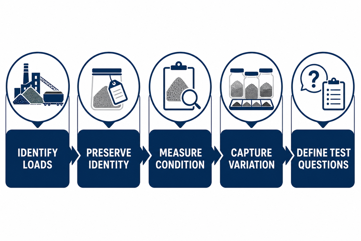 Feedstock audit workflow from identified loads and preserved samples to measured variation and test questions.