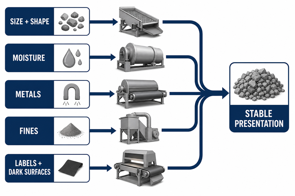 Observed feed properties route mixed rigid plastics to protection, cleaning, size reduction, and stable presentation actions.
