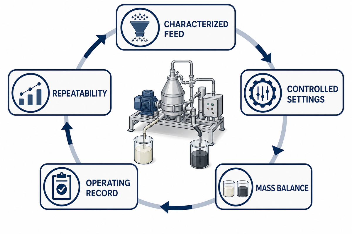 Representative separation trial loop from characterized feed and controlled settings to mass balance and repeatability.