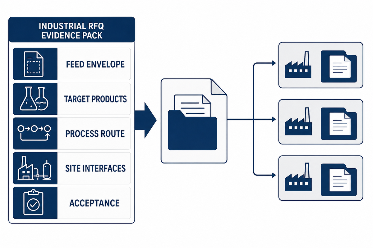 RFQ evidence pack aligns feed, output, process, site, and acceptance boundaries for comparable supplier proposals.