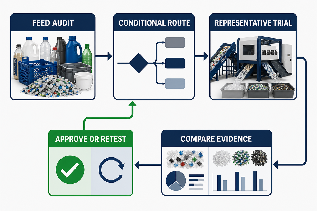 Approve-or-retest decision loop from unknown feed through audit, routing, trial, and evidence comparison.