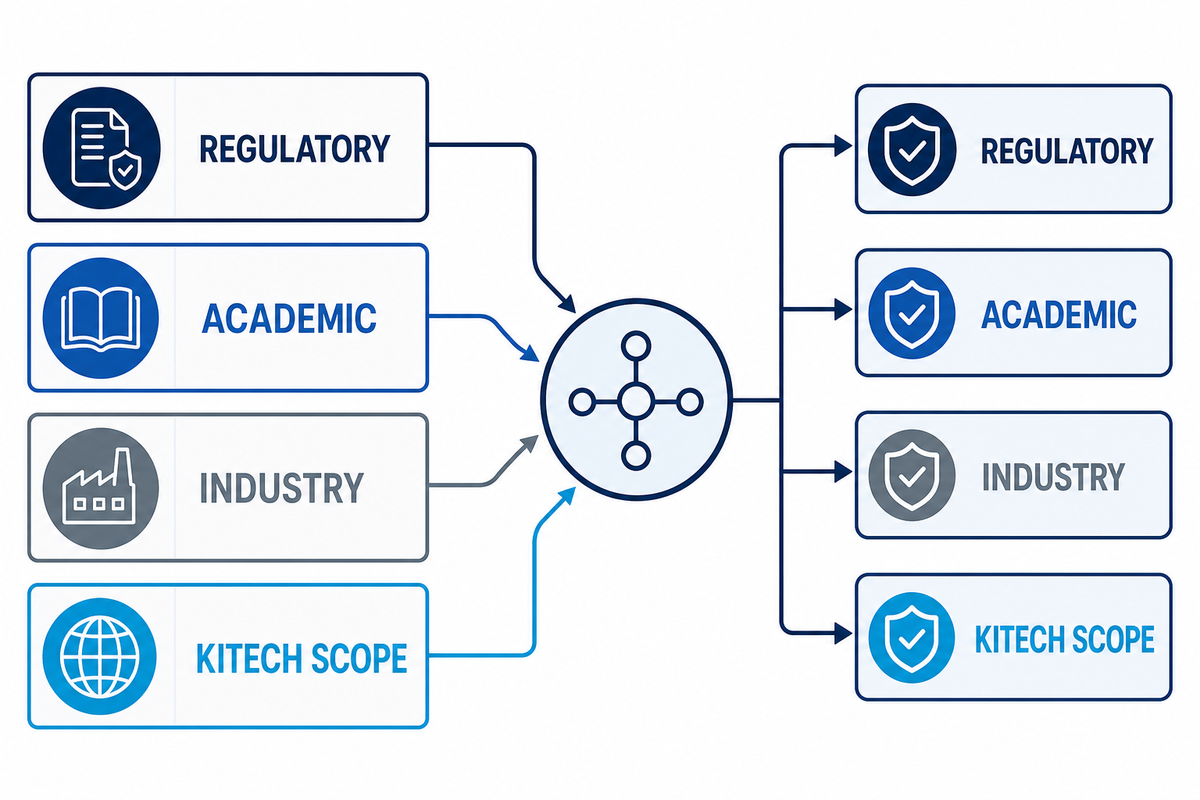 Evidence map separating regulatory, academic, and industry sources from Kitech solution-scope links.