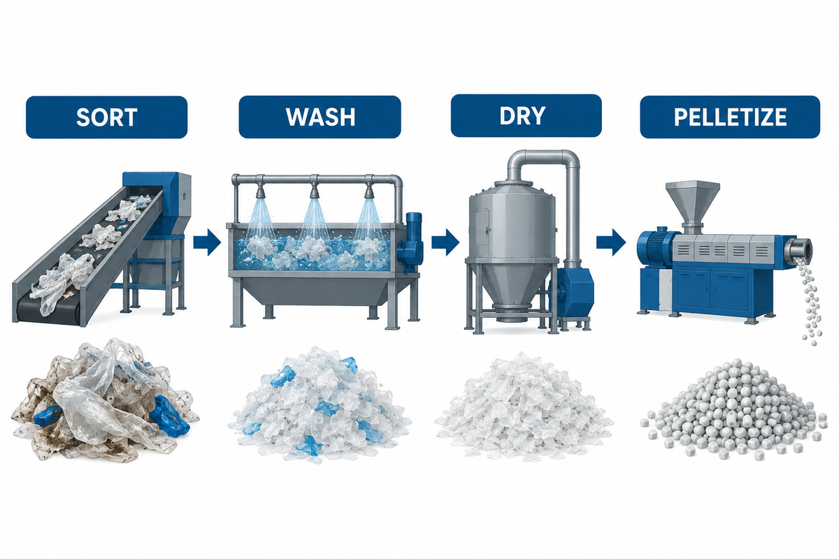 Plastic film recycling stages from sorting through pelletizing.