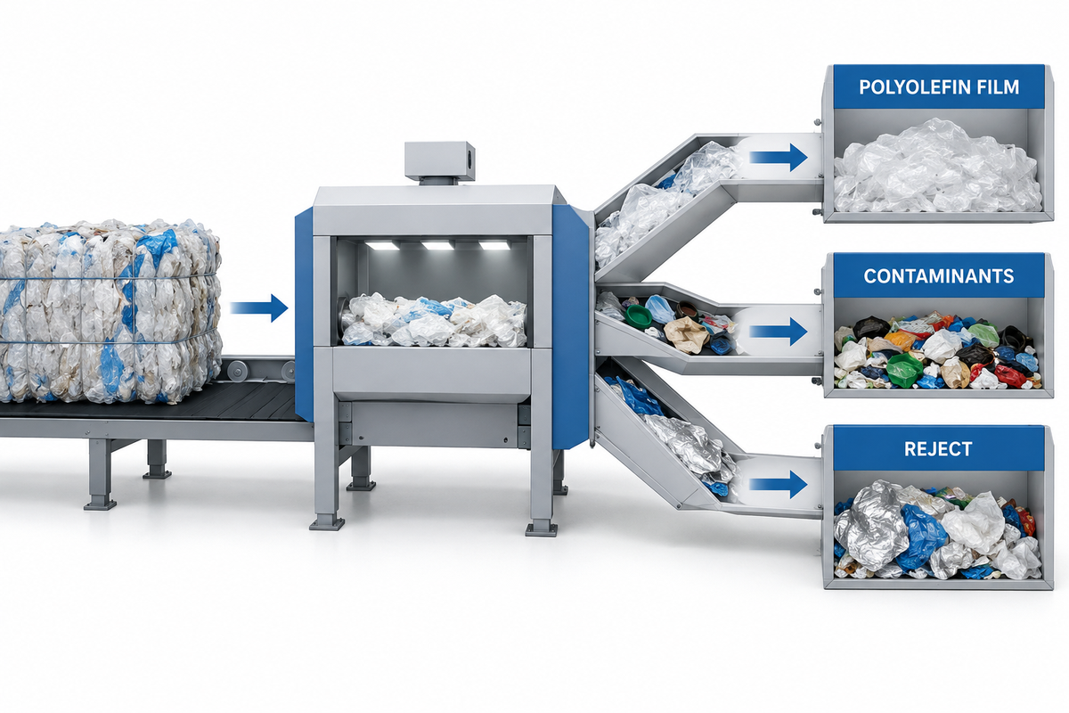 Incoming plastic film sorted into compatible feedstock, contaminants and rejects.