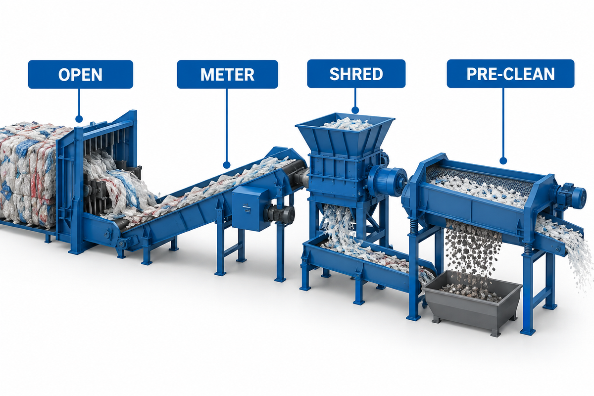 Bale opening, metering, shredding and pre-cleaning for plastic film.