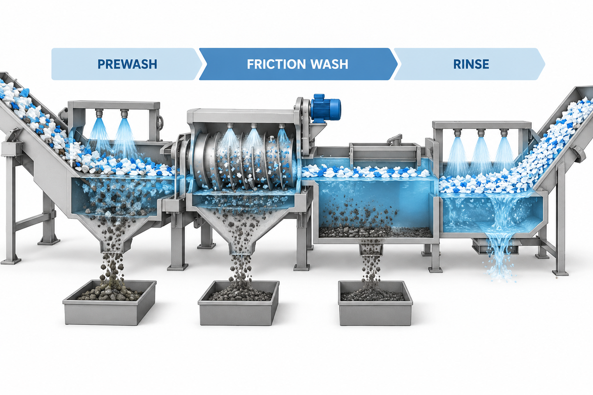 Staged plastic film washing process with prewash, friction washing and rinsing.