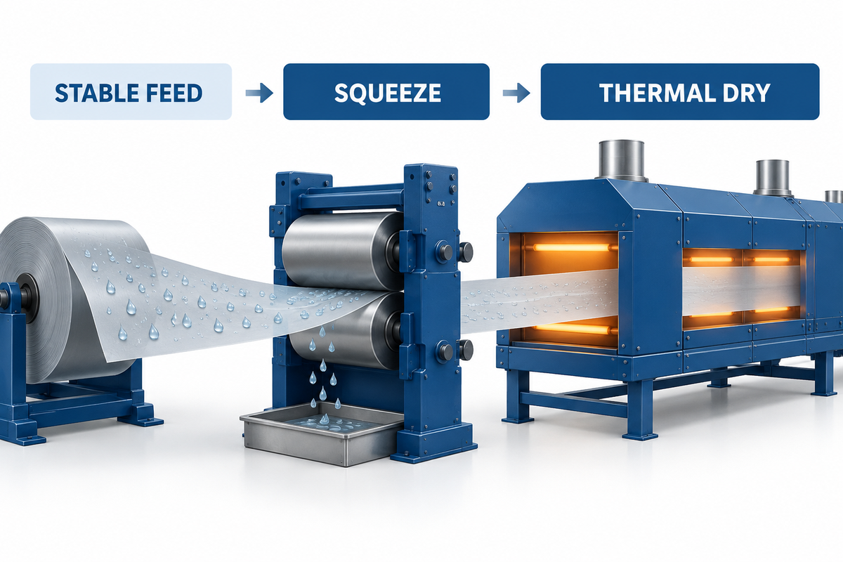 Mechanical squeezing followed by thermal drying for recycled plastic film.