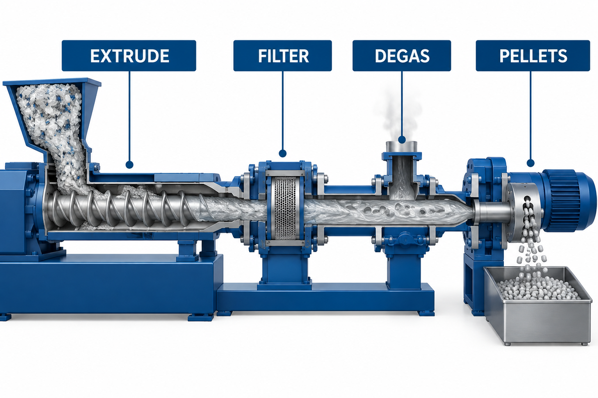 Film extrusion, filtration, degassing and pellet cutting stages.