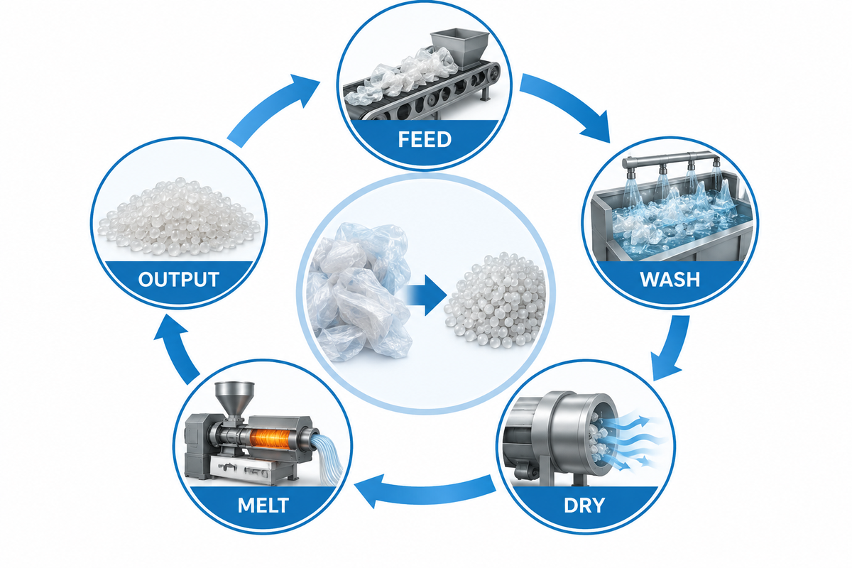 Film-to-resin quality control loop from feed identity to output acceptance.