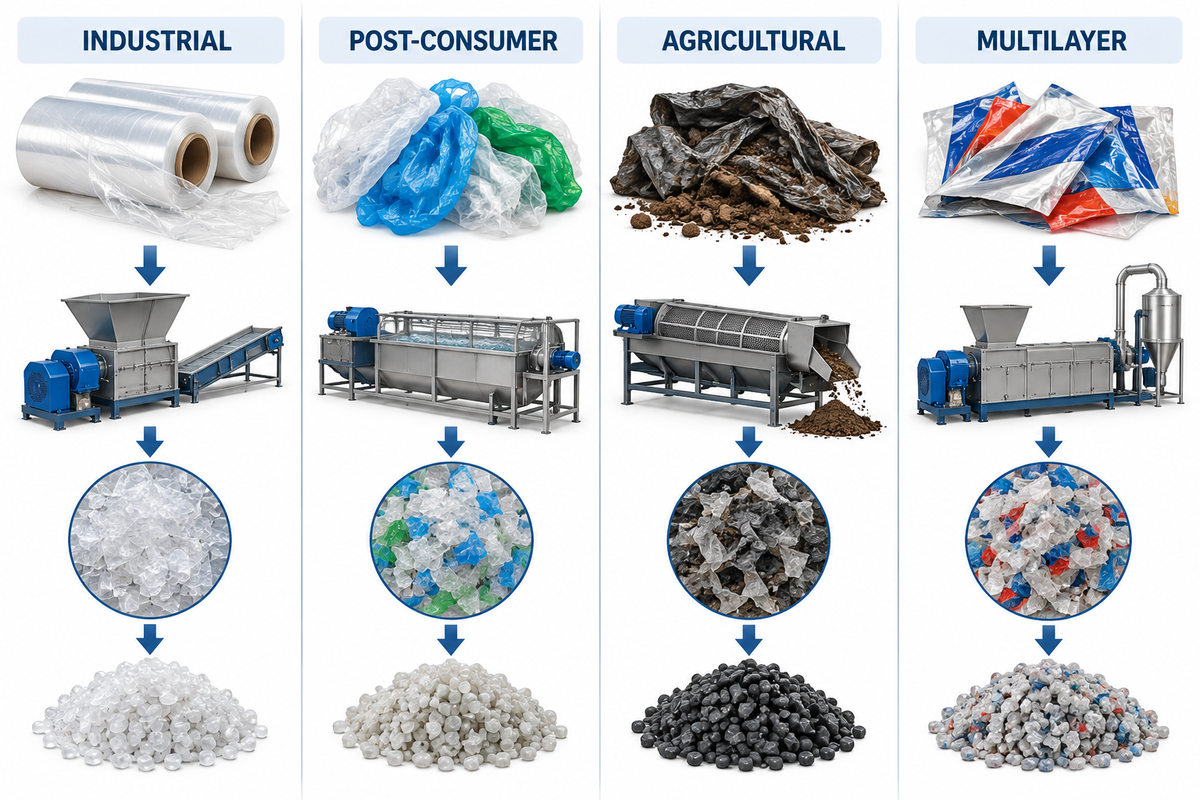 Industrial, post-consumer, agricultural and multilayer film feedstocks compared.