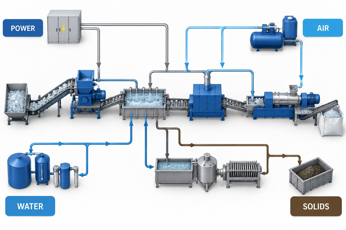 Plastic film recycling line connected to plant utilities and water treatment.