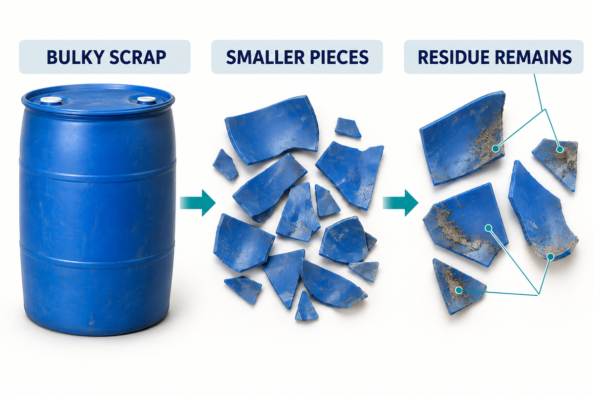 A bulky barrel becomes smaller shreds while labels and residual contents remain.