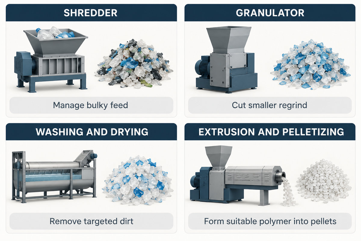 Four recycling stages distinguish shredding, granulation, washing and drying, and pelletizing.