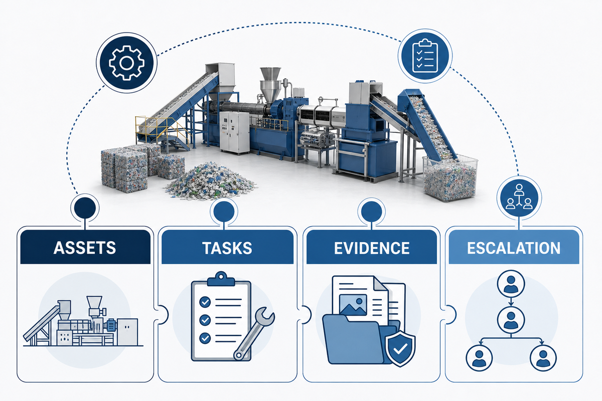 Four-part maintenance contract framework covering assets, tasks, evidence, and escalation.