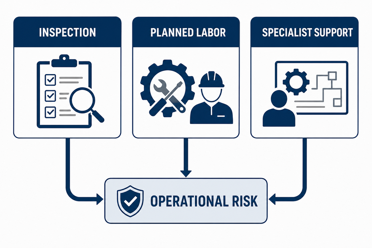 Service model selector comparing inspection, planned labor, and specialist support by operational risk.