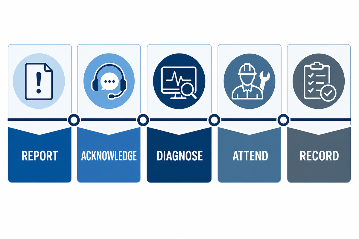 Maintenance service-level timeline from issue report through diagnosis, attendance, and service record.