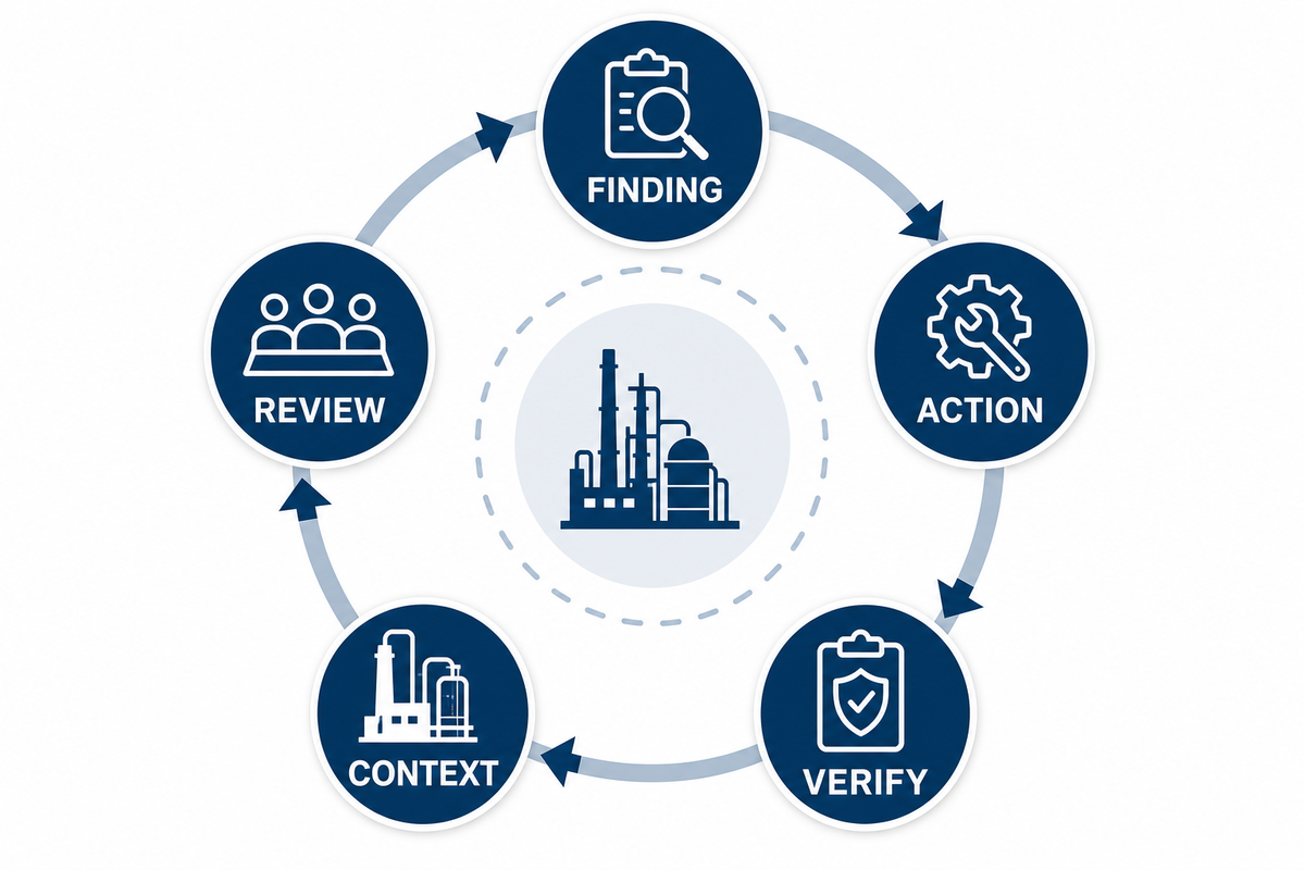 Maintenance evidence loop linking findings, actions, verification, operating context, and review.