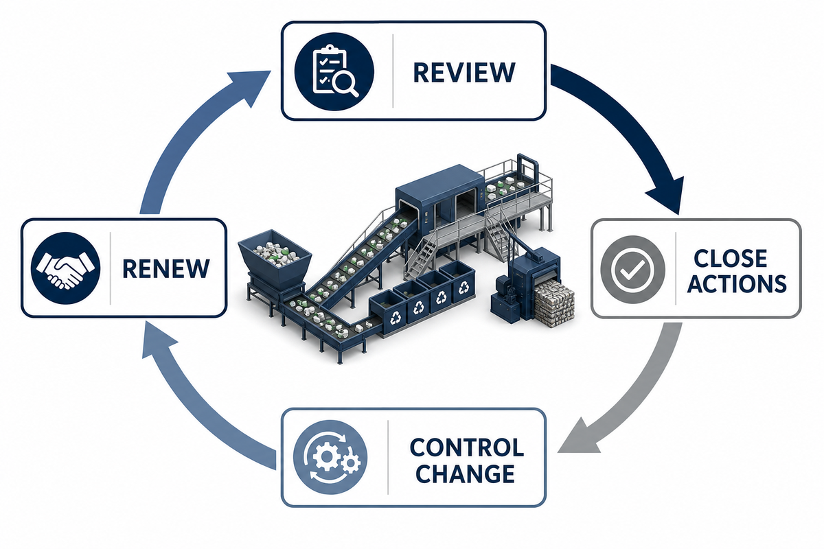 Contract governance cycle for review, action closure, change control, and renewal.
